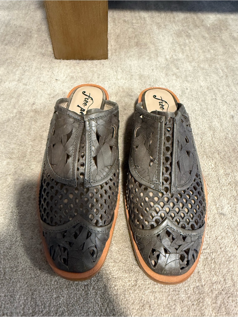 Free People Gray Perforated Leather Slip-On Mules with Tan Sole